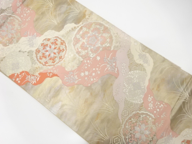 JAPANESE KIMONO / ANTIQUE FUKURO OBI / SILK / WOVEN FLORAL CREST & FLOWER